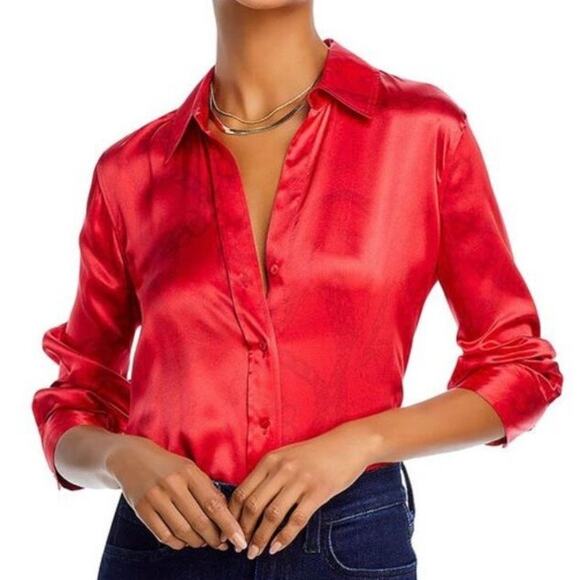 L’Agence Dani Red Chain Link Print Silk Charmeuse Button Down Shirt Size Medium - Picture 1 of 14